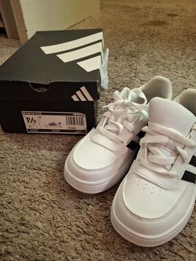 Cute Adidas Kids White Sneakers with Black Stripes